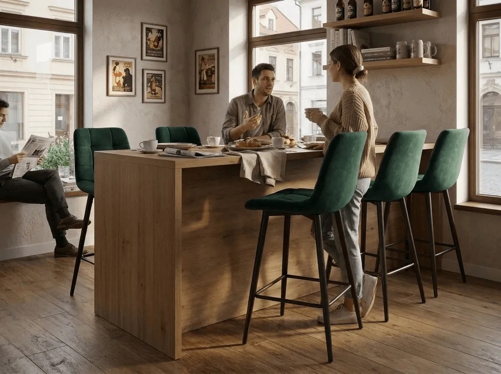 Barová stolička CHIC VELVET s čiernymi nohami, tmavozelená