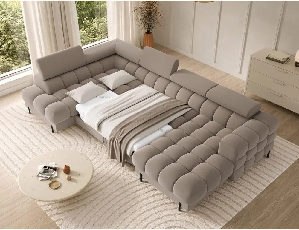 Svetlohnedá zamatová rozkladacia rohová pohovka (ľavý roh/do tvaru "U") Feraria – ELTAP