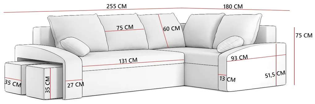 Rohová sedačka Ginevra (čierna + červená) (s poličkou a taburetkou) (L). Vlastná spoľahlivá doprava až k Vám domov. 1066918