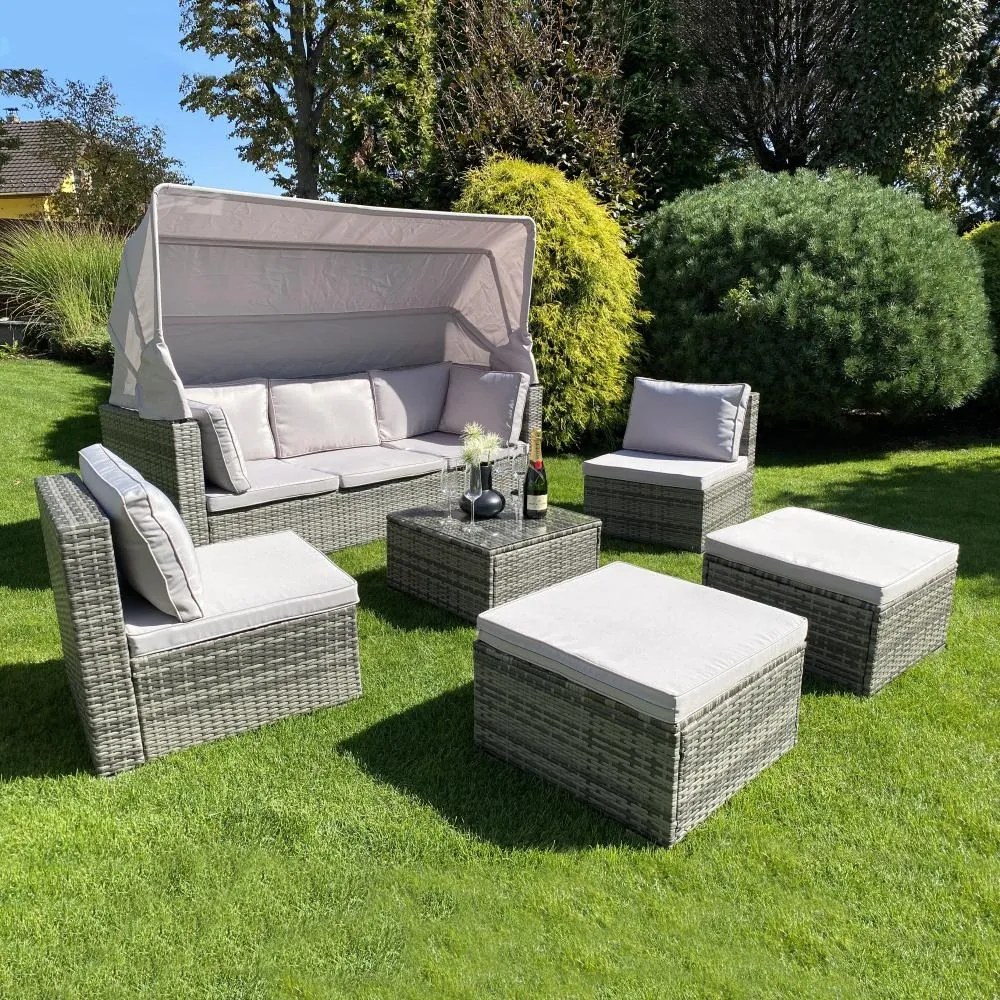 Ratanový sofa set so skladacou strieškou BELVEDERE - Sivá / Sivá