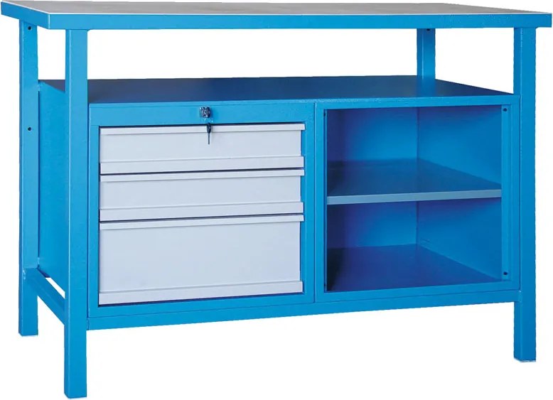 Dielenský pracovný stôl GD, smrek + buková preglejka, 3 zásuvky, 1 polica, 1190 x 600 x 850 mm, sivá