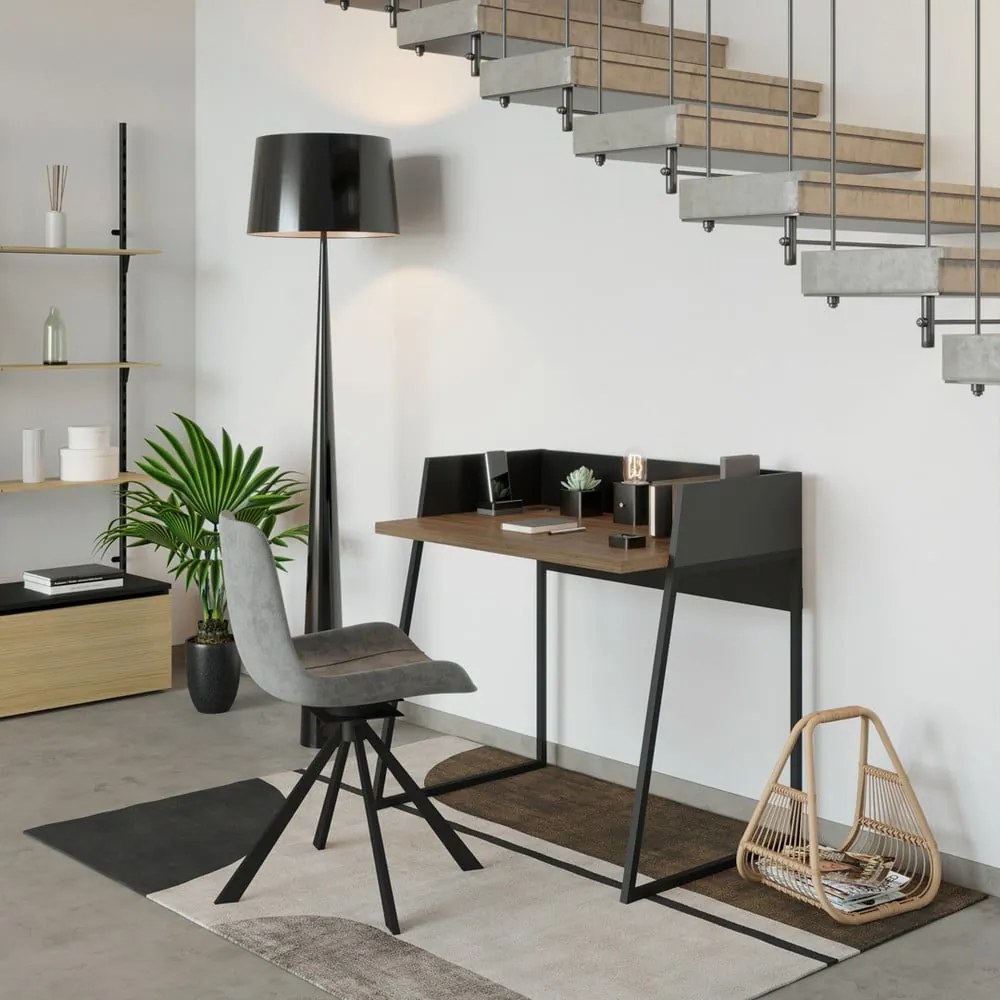 Čierny pracovný stôl s detailmi v dekore orechového dreva TemaHome Volga