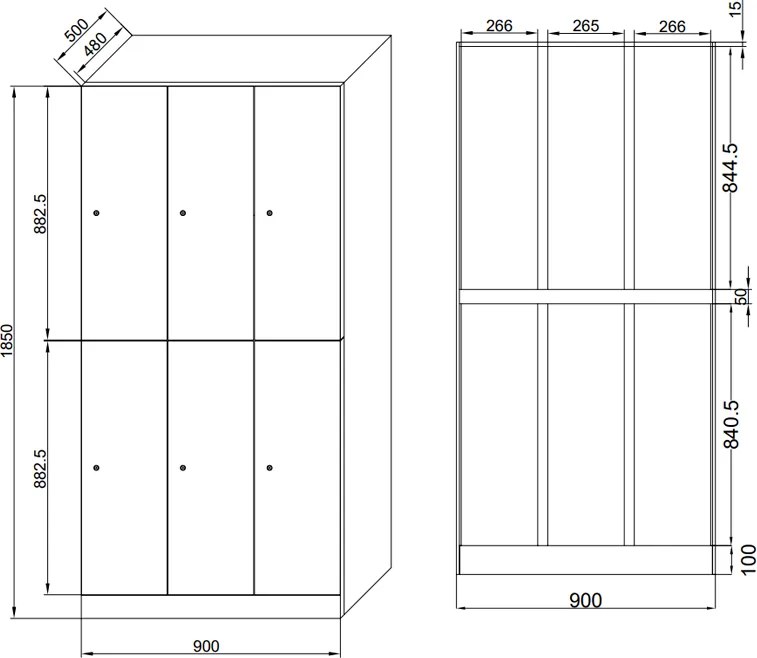 Šatníková skrinka S1 s úložnými boxmi, 6 boxov, 1850 x 900 x 500 mm, kódový zámok, laminované dvere, breza