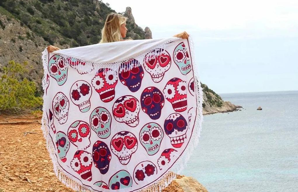 Farebný okrúhly plážový bavlnený uterák / osuška so strapcami Happy Skull - Ø180 cm