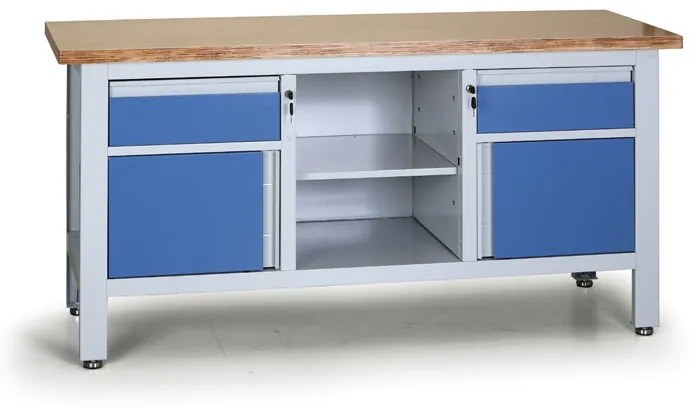 Pracovný stôl do dielne EXPERT, 2 zásuvky, 2 skrinky, 1 polica, 1690 x 600 x 860 - 900 mm, modrá