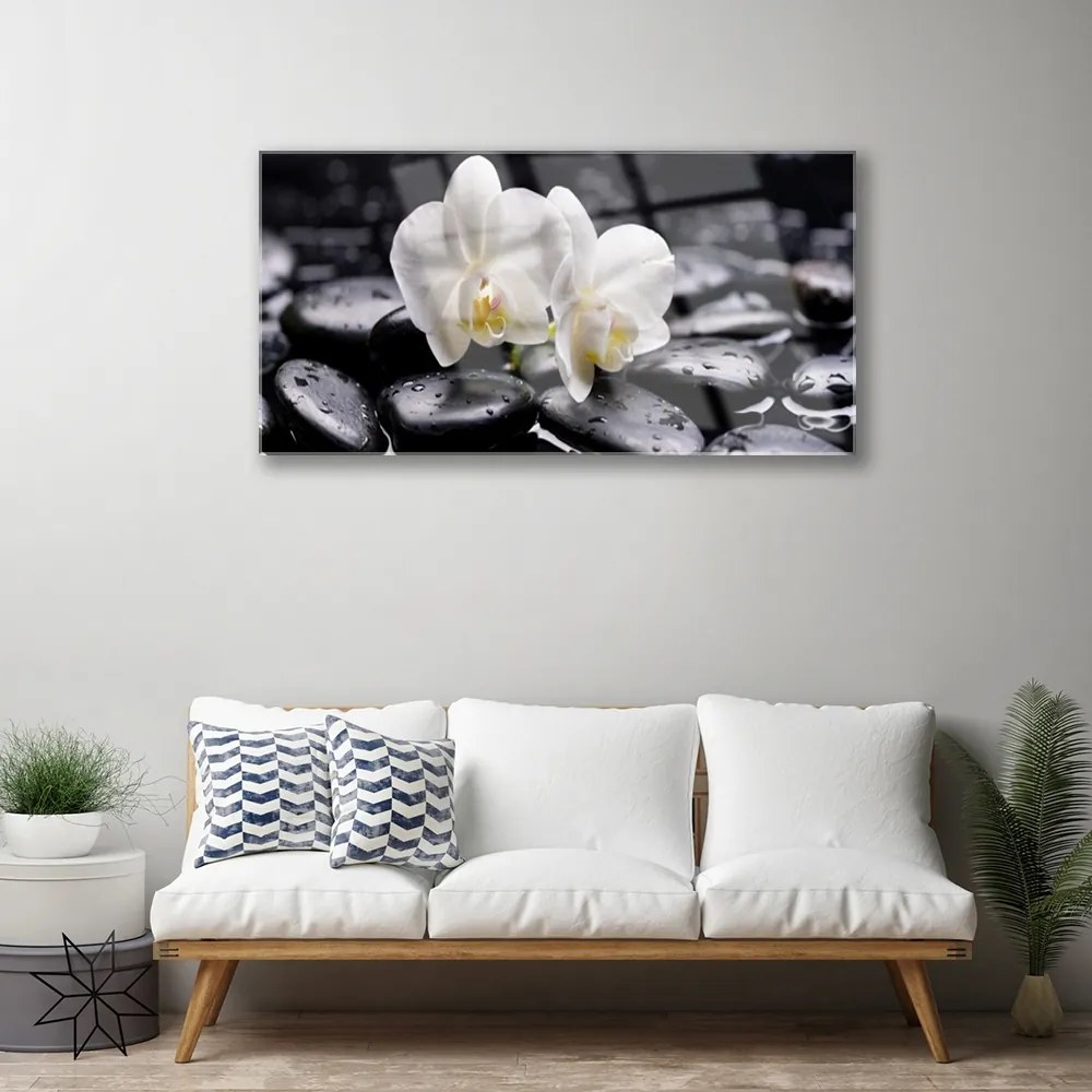 Skleneny obraz Kamene zen biela orchidea 125x50 cm