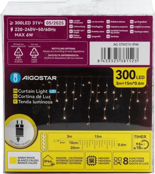 Aigostar - LED Vonkajšia dekoračná reťaz 75xLED/6W/230V 15x0,6m IP44 teplá biela