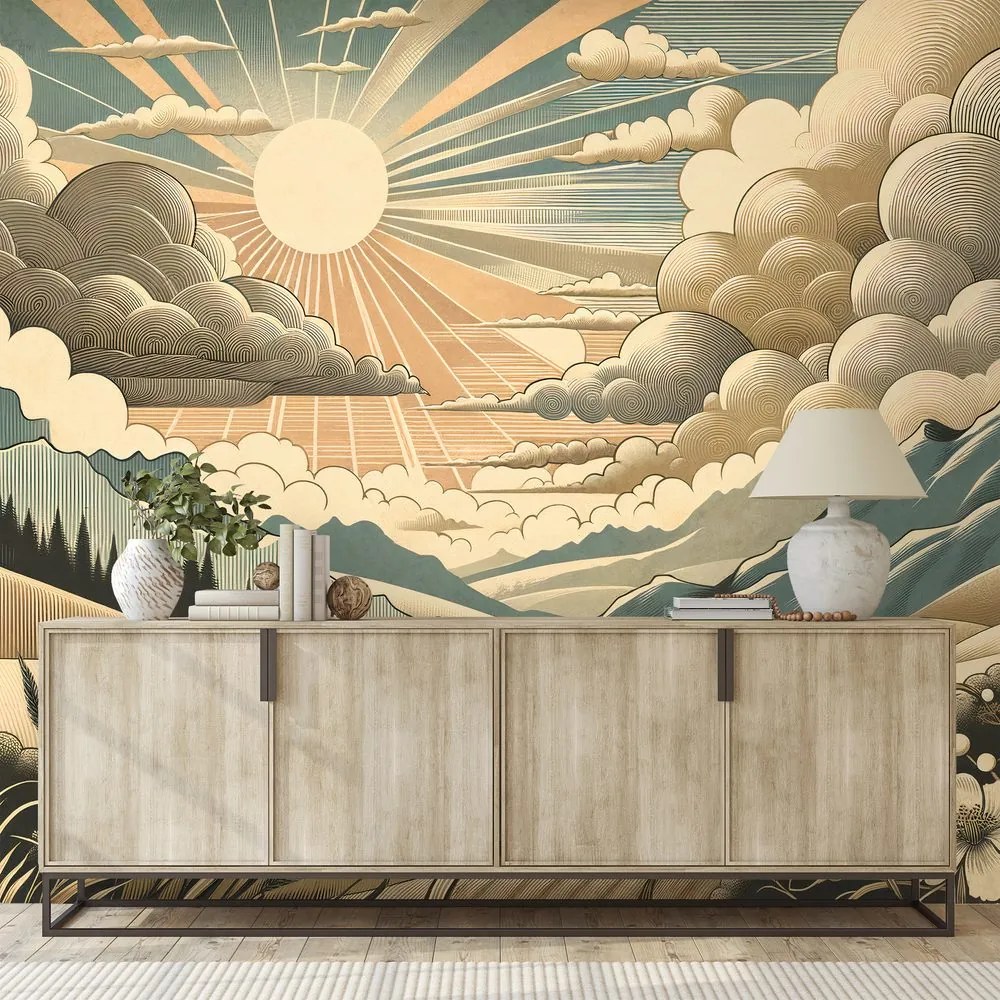 Samolepiaca tapeta retro krajina s horami a slnkom