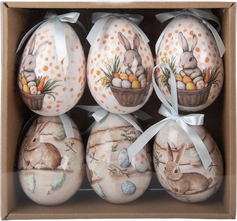 6ks dekorácie biele a béžové závesné vajíčko s zajačikmi Spring Egg - Ø 7*10 cm