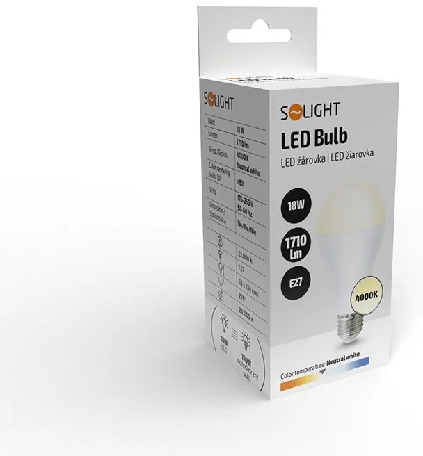 SOLIGHT LED žiarovka klasický tvar A65 18W, E27, 4000K, 270 °, 1710lm