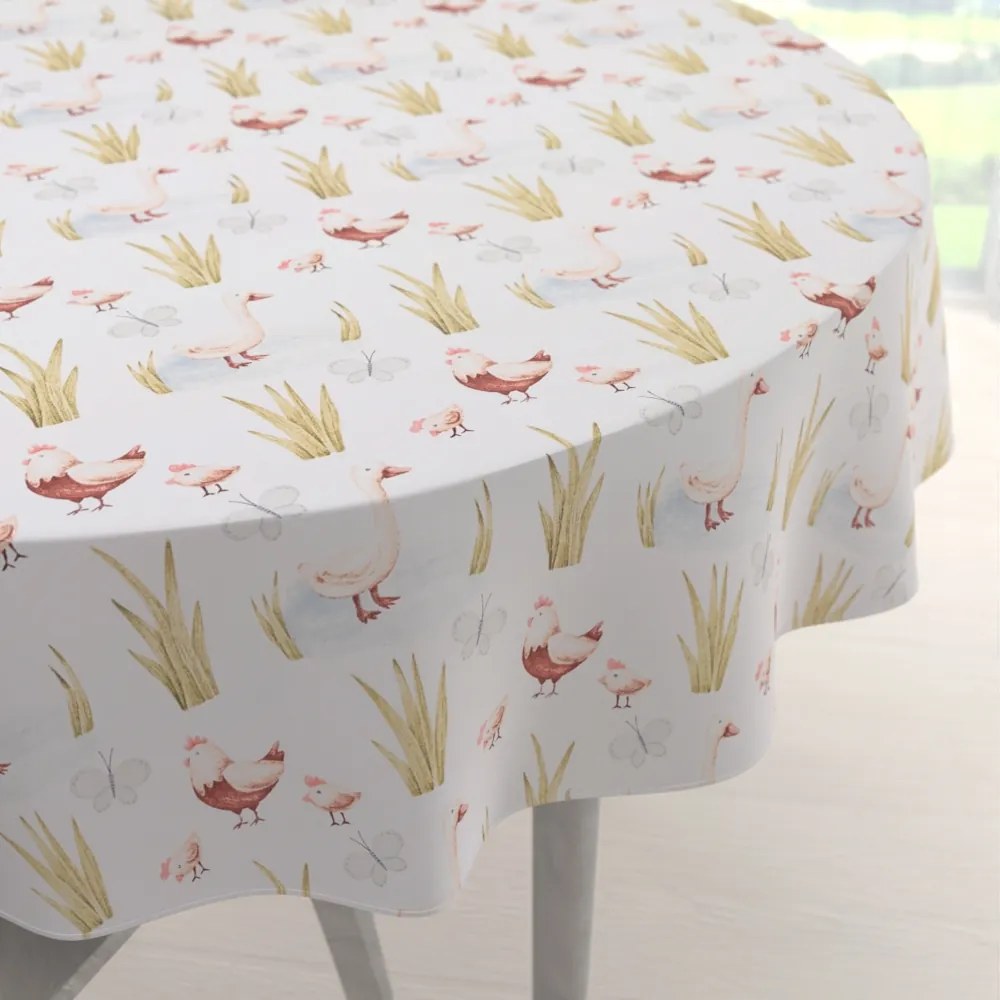 Biante Detský bavlnený okrúhly obrus Sandra SA-752 Sliepočky a húsky na bielom Ø 140 cm