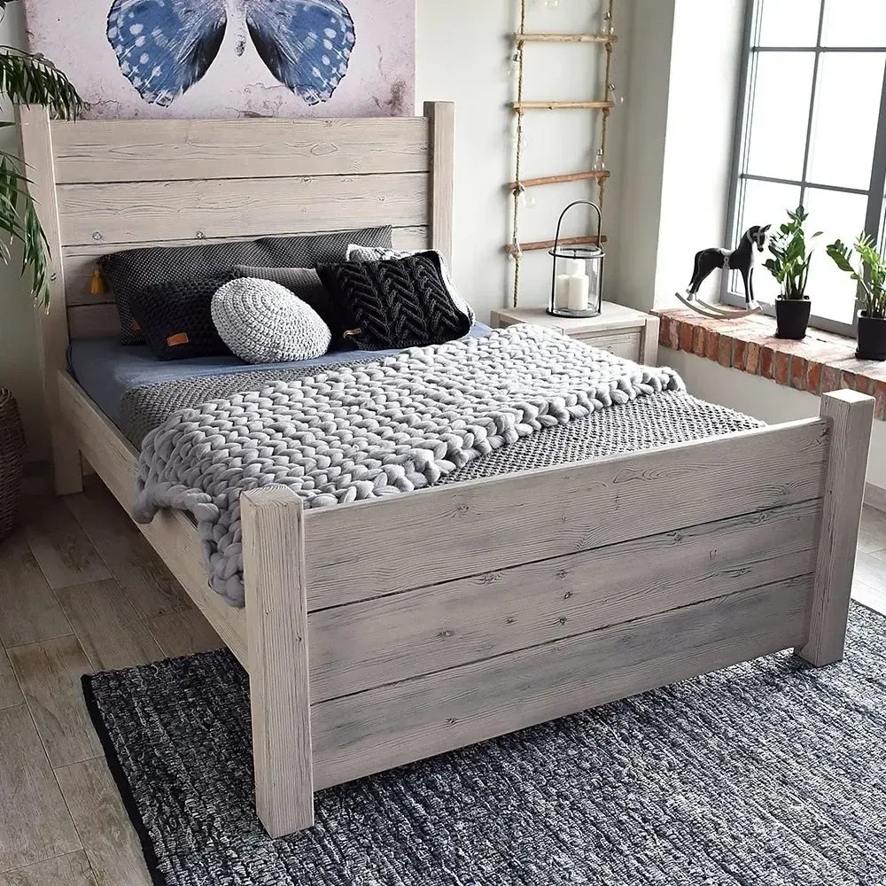 Sivá vidiecka drevená manželská posteľ s vysokým čelom, 140/160/180 x 200 cm 160 cm