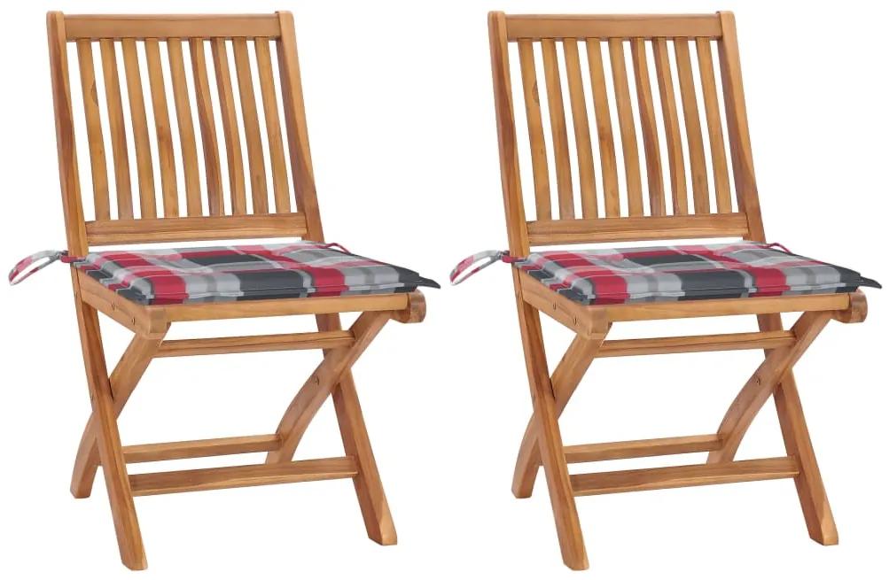 Záhradné stoličky 2 ks červené podložky s kockami teakový masív 3062446