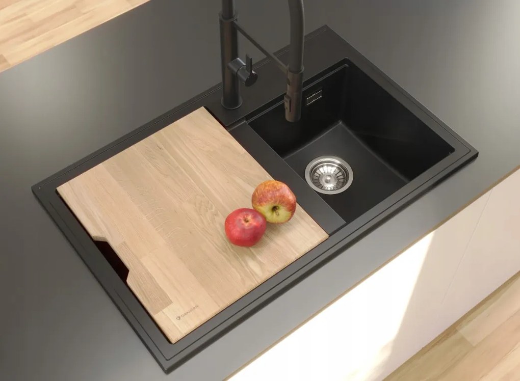 Sink Quality Ferrum New 8010, 1-komorový granitový drez 800x500x210 mm + zlatý sifón, béžová, SKQ-FER.8010.B.XG