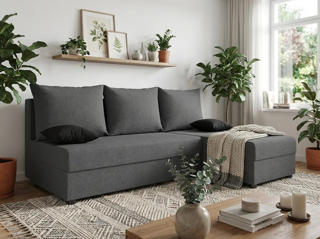 Rozkladacia obojstranná sedacia súprava do L VALERIO SLIM 200x140 cm, tmavosivá + 2 vankúšiky ZDARMA