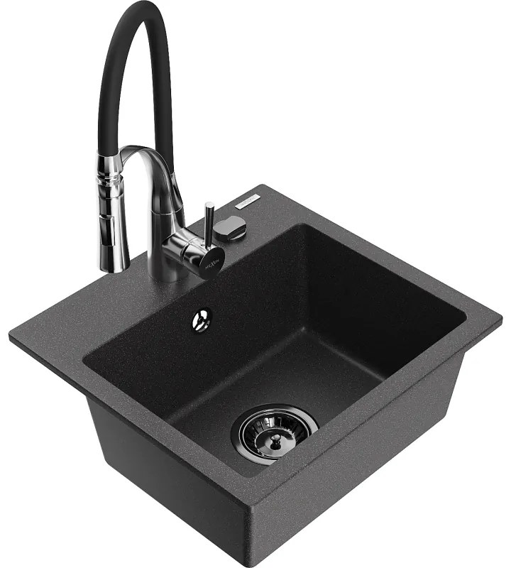 Mexen Milo, 1-komorový granitový drez 435x410x171 mm a drezová batéria Aster, čierna škvrnitá, 6505-76-73450-07-B