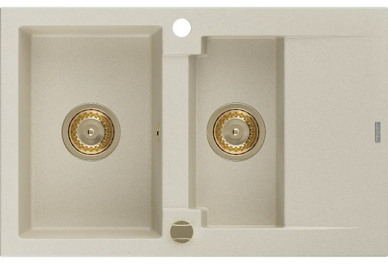 Mexen Gaspar, granitový drez 737x475x177 mm, 1,5-komorový, béžová so zlatým sifónom, 6507731505-69-G