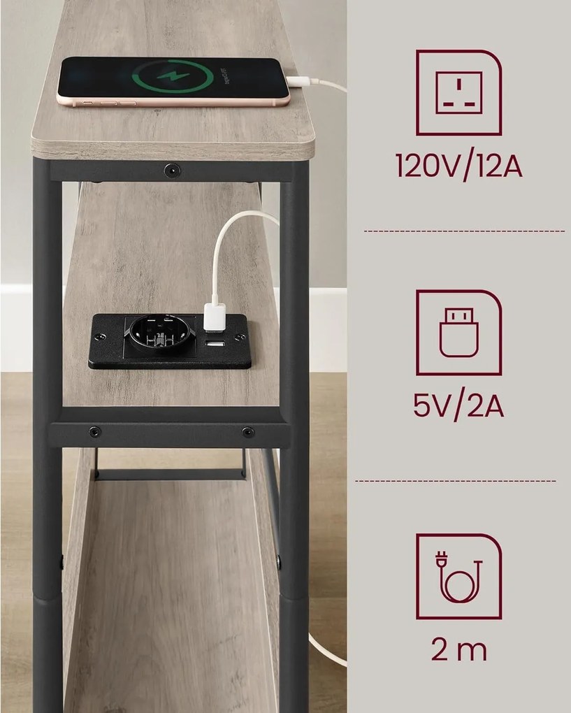 Úzky bočný stolík s predlžovačom, 3-úrovňový nočný stolík, 18 x 45 x 58 cm, greige a čierny