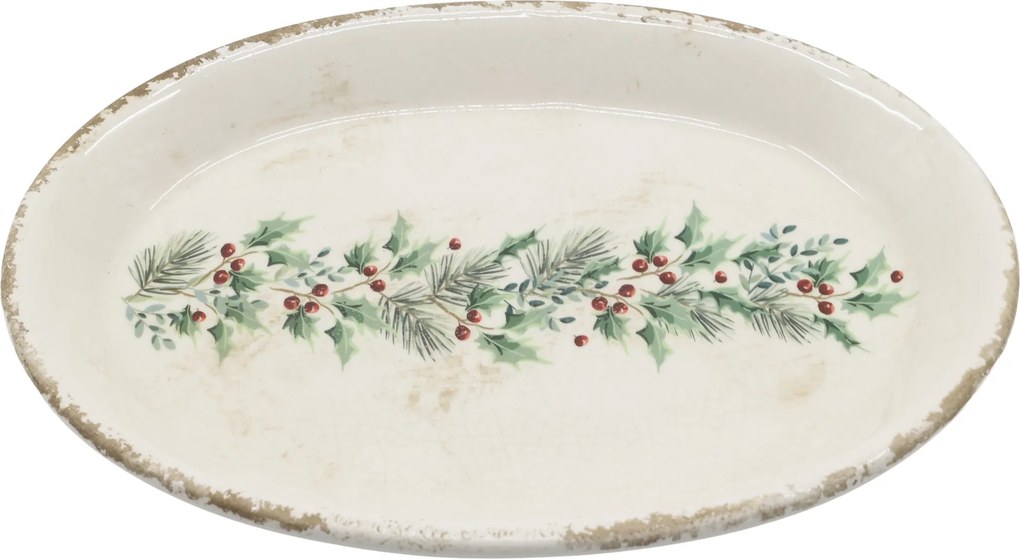 Béžový keramický podnos s cezmínou Holly Christmas Antique - 25 * 18 * 2,5 cm