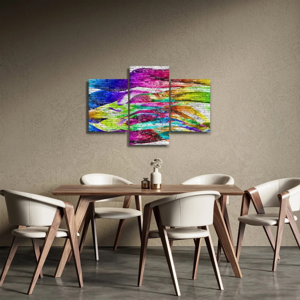 Obraz - Tehlový múr s farebnými plameňmi (90x60 cm)