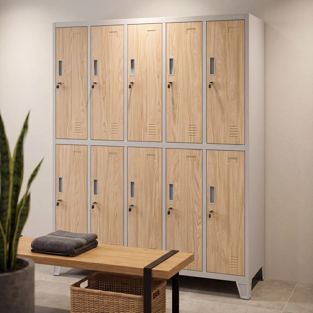Šatňová skriňa BOZP 10-dverová šedá / dub sonoma: Eco Design BARTEK 1360 x 1720 x 450 mm