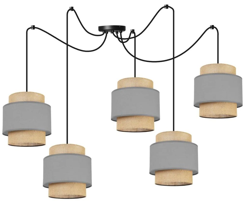 Závesné svietidlo Boho Spider, 5x jutové/sivé textilné tienidlo
