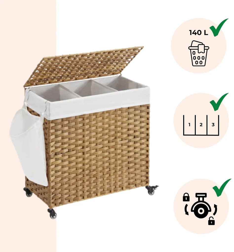 Kôš na bielizeň s kolieskami z umelého ratanu AVA, 140l, prírodná hnedá SongmicsHome