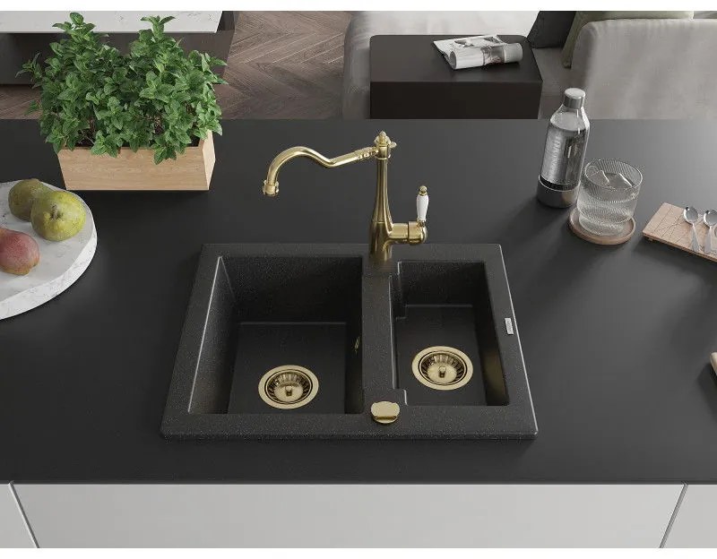 Mexen Carlos, granitový drez 582x475x177 mm, 1,5-komorový a drezová batéria Carla, čierna-strieborná metalíza, 6518-73-670700-50