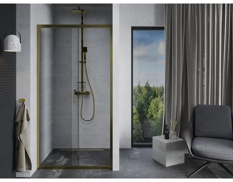 Mexen Apia, posuvné dvere do otvoru 95 x 190 cm, 6mm číre sklo, zlatý profil, 845-095-000-50-00