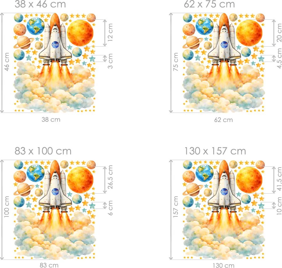 Kozmická raketa NASA textilní prelepiteľná nálepka na stenu hárok 38 x 46 cm