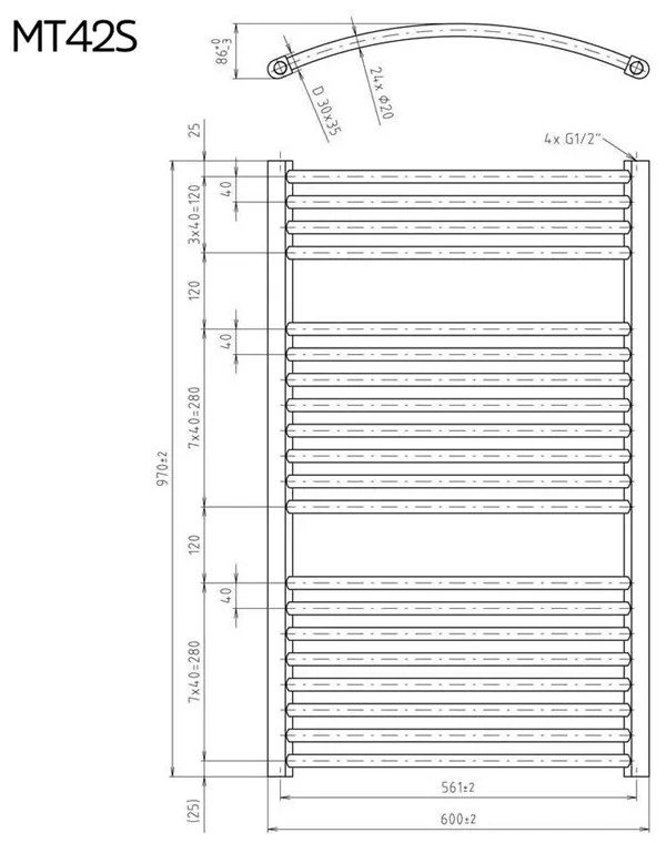 Mereo, Vykurovací rebrík 450x1850 mm, oblý, biely, stredové pripojenie, MER-MT34S