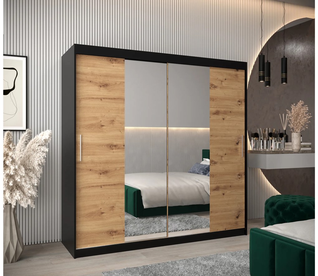 Šatníková skriňa 200 cm Toki 1 (Čierna matná + Dub artisan). Akcia -47%. Vlastná spoľahlivá doprava až k Vám domov. 1064935
