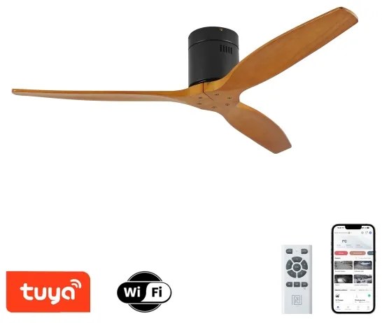 ZEVENTI - Stropný ventilátor SPELLO Wi-Fi Tuya čierna/dub + diaľkové ovládanie