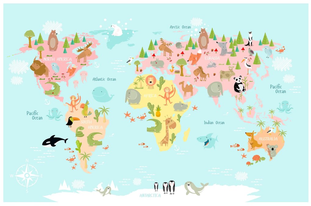 PIPPER | Doboxa Fototapeta "Mapa sveta so zvieratami 3" Rozmer: 104x70.5, Material: Netkaná textília