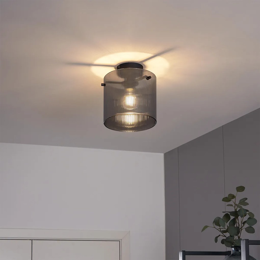 Art Deco stropné svietidlo čierne s dymovým sklom - Laura