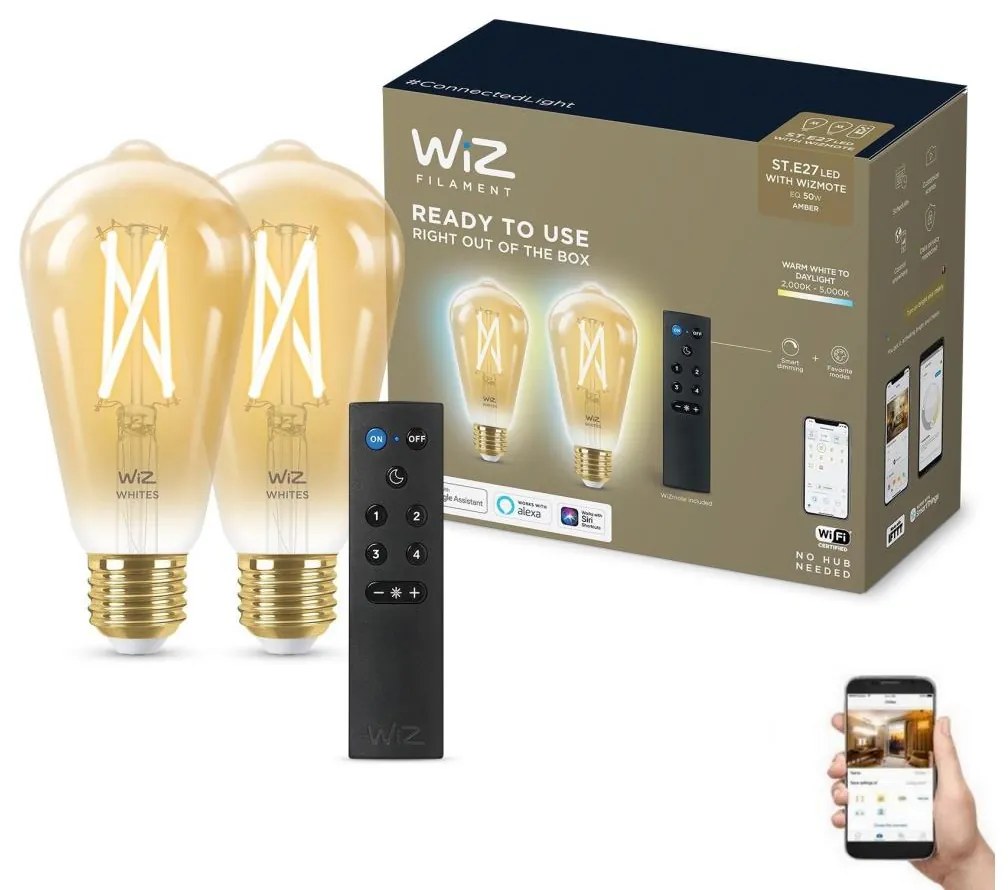 WiZ SADA 2xLED Stmievateľná žiarovka ST64 E27/7W/230V 2000-5000K CRI 90 Wi-Fi + DO-WiZ WI0152