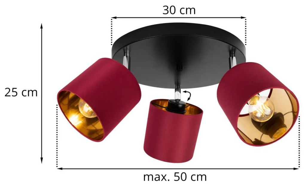 Stropné svietidlo GAMA, 3x červené textilné tienidlo, (možnosť polohovania), O