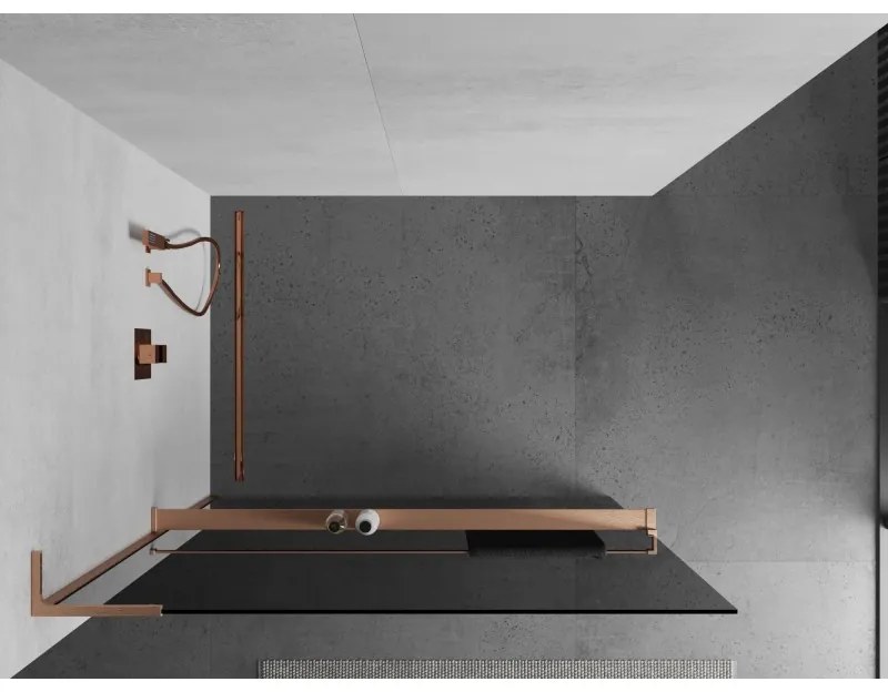 Mexen Kioto+ L, sprchová zástena Walk-In s poličkou a vešiakom 80 x 200 cm, 8mm šedé sklo, medený matný profil, 800-080-123-65-40