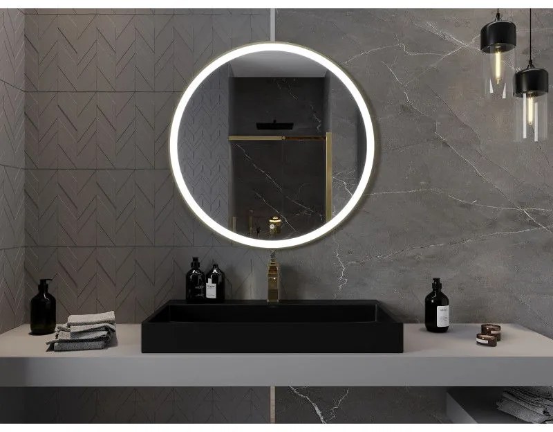 Mexen Esso, okrúhle LED podsvietené kúpeľňové zrkadlo 90 cm, 6000K, vykurovacia podložka proti zahmlievaniu, zlatý rám, 9825-090-090-611-50