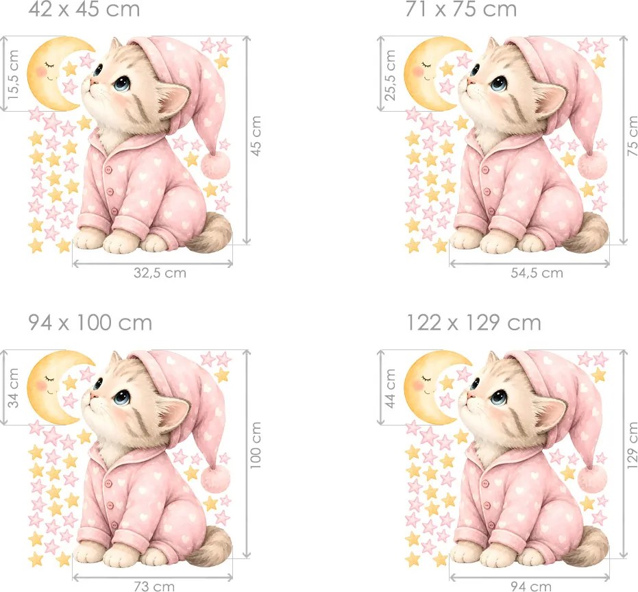 Mačiatko v pyžame a mesiac nálepky na stenu pre dievčatá list 42 x 45 cm