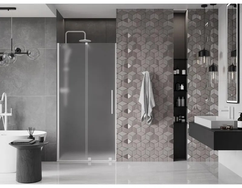 Mexen Velar, posuvné sprchové dvere do otvoru 120 cm, 8mm sklo námraza, biela matná, 871-120-000-31-20