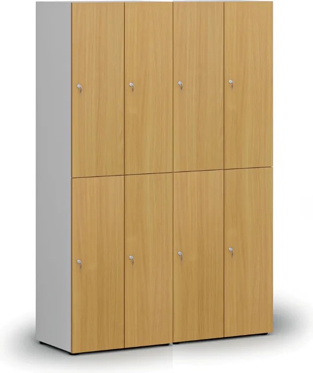 Drevená šatníková skrinka S4 s úložnými boxmi, 4 boxy, demont, cylindrický zámok, sivá/orech