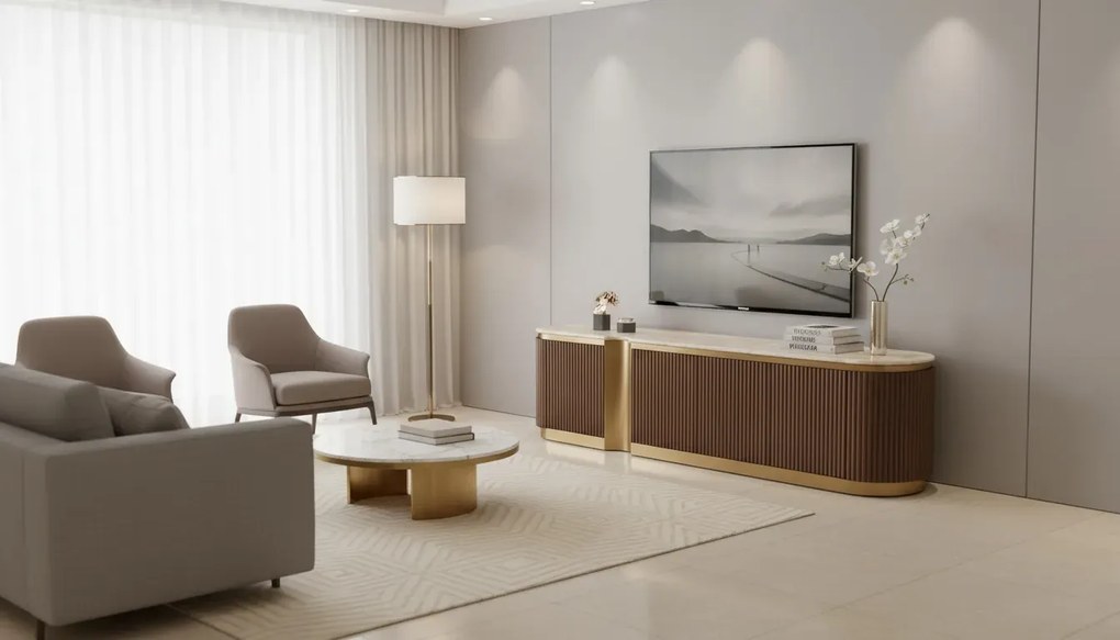 TV stolek Stilig ST916 200 cm ořech/travertin/zlatý