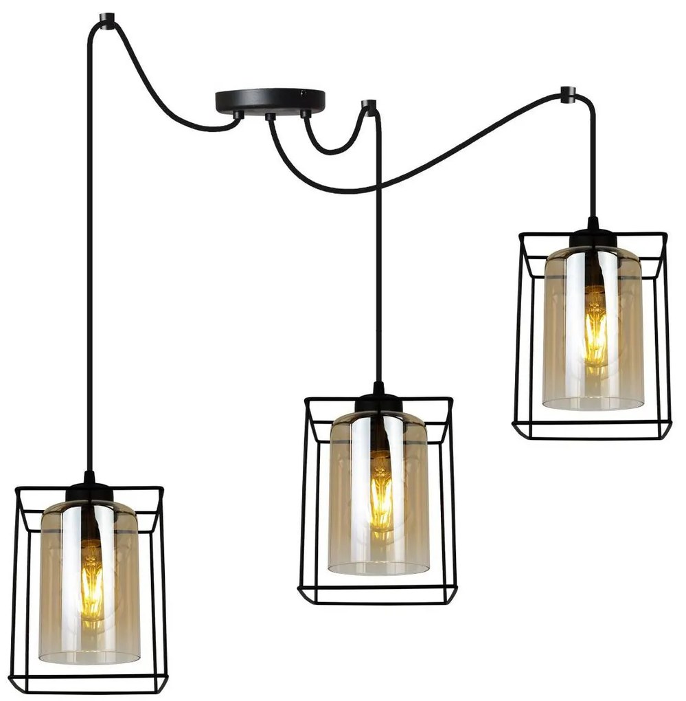 Závesné svietidlo Hella Cage Spider, 3x medové sklenené tienidlo v kovovom ráme