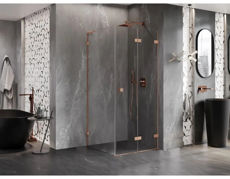 Mexen Lunar-F L, 1-krídlový sprchový kút so skladacími dverami, pravý, 100 x 100 cm, 8mm číre sklo, medený profil, 836L-100-100-65-00-P