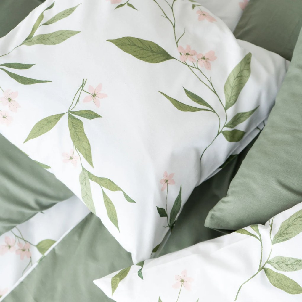 Goldea bavlnené posteľné obliečky duo - vôňa jazmínu so šalviovo zelenou 140 x 220 a 70 x 90 cm