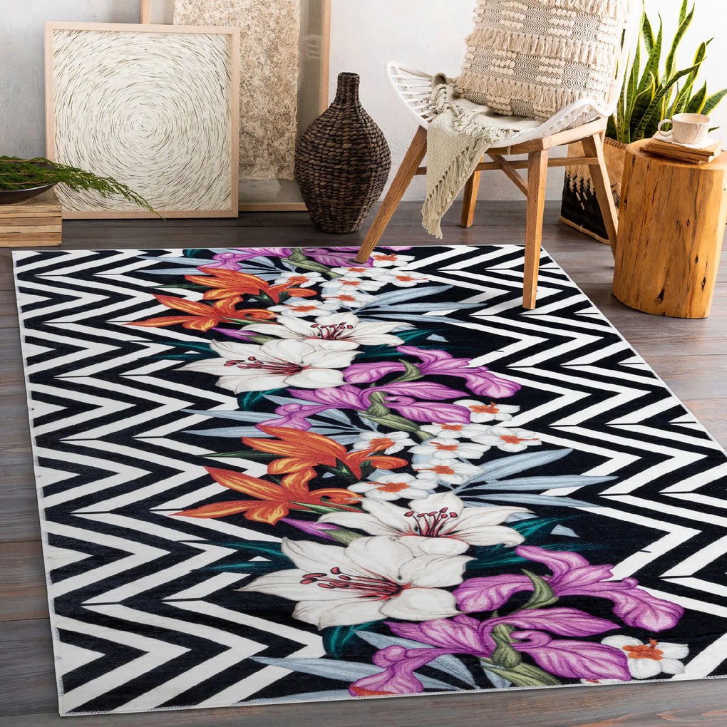 ANDRE 2300 umývací koberec kvety, zigzag vintage protišmykový - čierna / biela Veľkosť: 80x150 cm