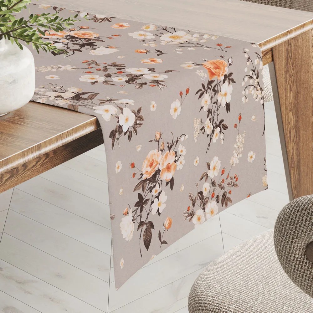Biante Bavlnený behúň na stôl Sandra SA-739 Ruže a konvalinky na béžovosivom 45x120 cm