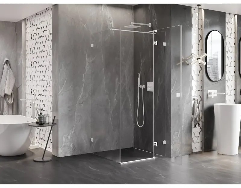 Mexen Lunar T, výklopný sprchový kút pravý 110 x 110 cm, 8mm číre sklo, biely profil, 834T-110-110-20-00-P