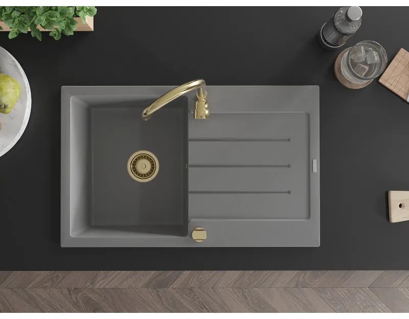 Mexen Bruno, 1-komorový granitový drez s odkvapkávačom 795x495x200 mm a zlatá kuchynská batéria Telma, šedá, 6513-71-670200-50